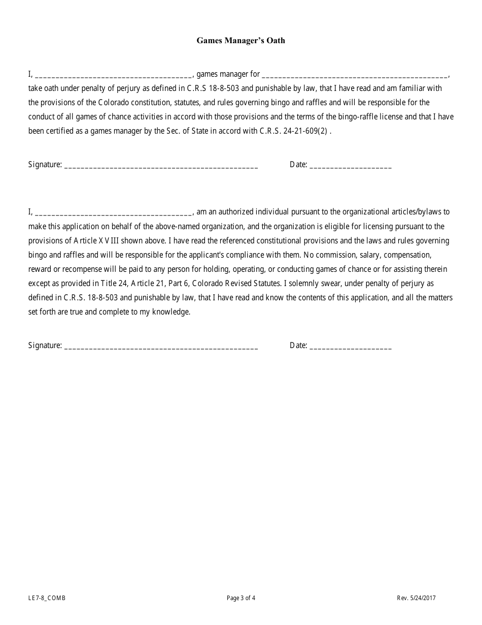 Form LE7-8_COMB Application for a Bingo-Raffles License - Colorado, Page 3