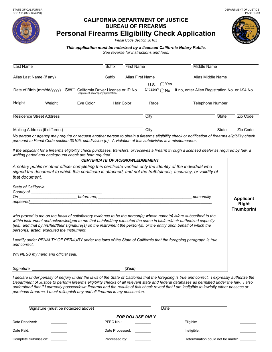 Form BOF116 Personal Firearms Eligibility Check Application - California, Page 1