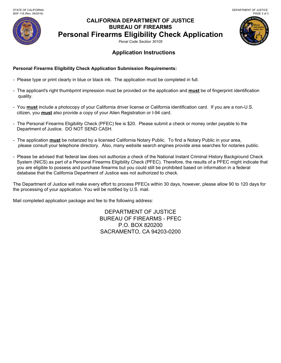 Form BOF116 Personal Firearms Eligibility Check Application - California, Page 2