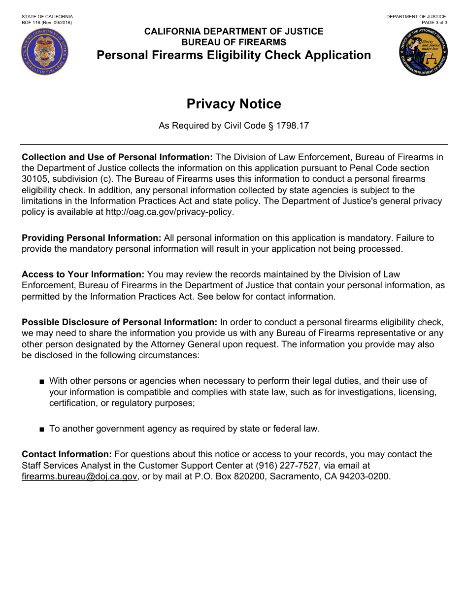 Form BOF116 Personal Firearms Eligibility Check Application - California, Page 3