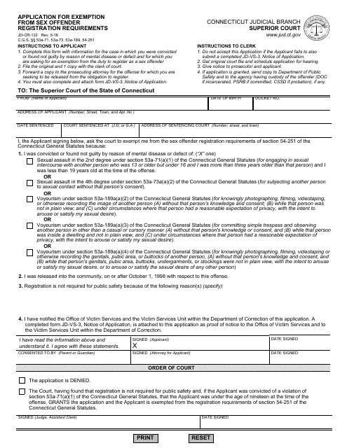 Form JD-CR-122 Application for Exemption From Sex Offender Registration Requirements - Connecticut