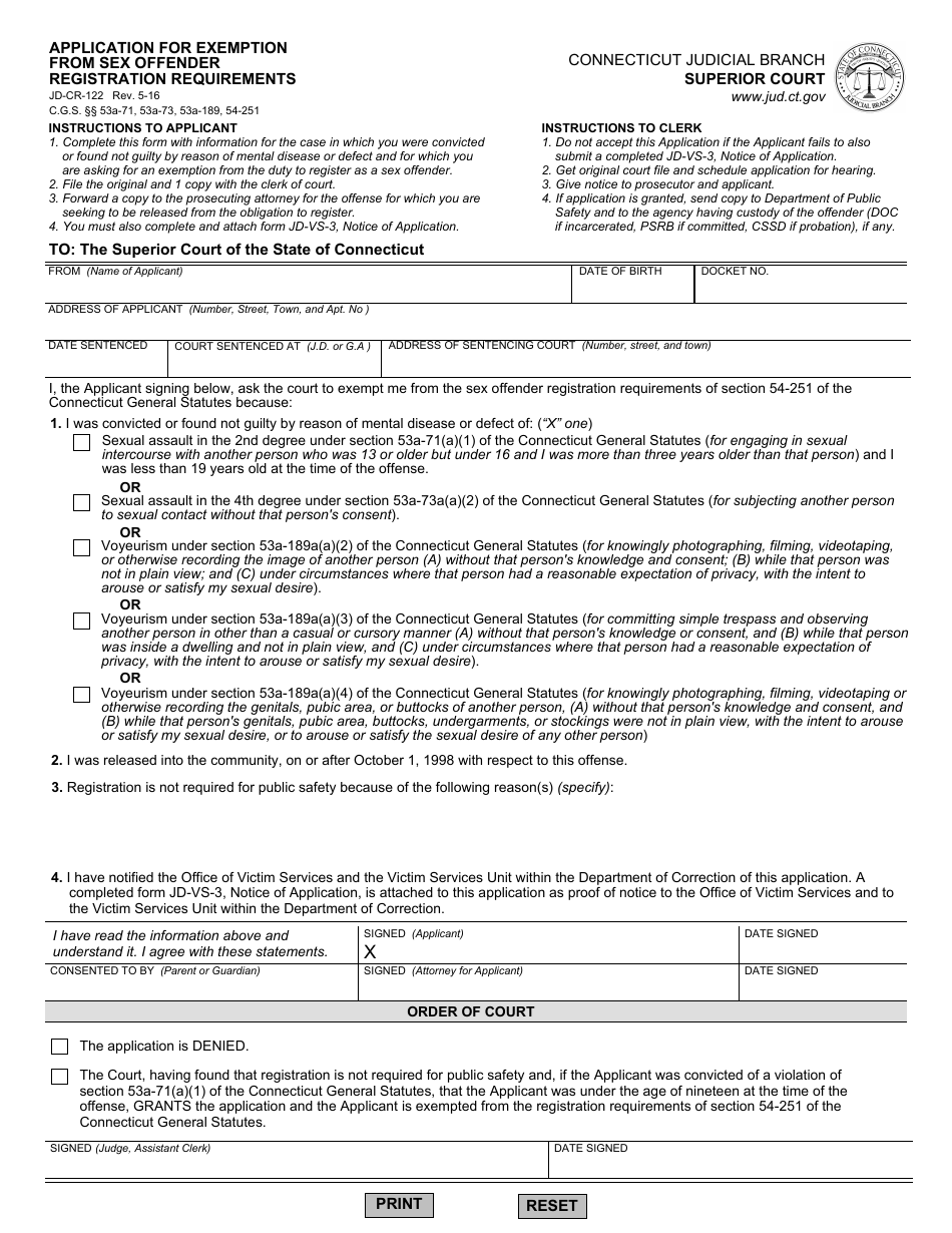 Form JD-CR-122 Application for Exemption From Sex Offender Registration Requirements - Connecticut, Page 1