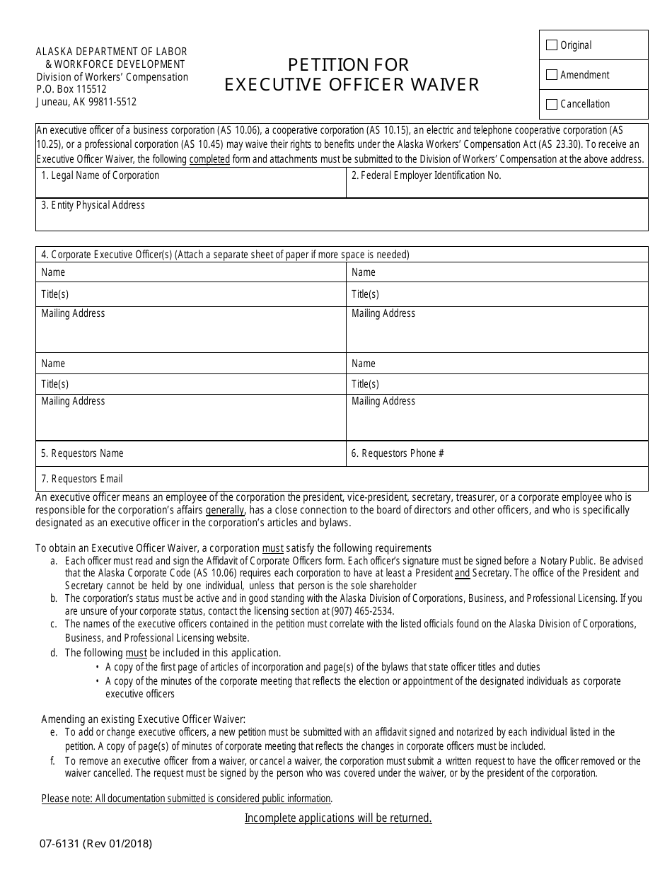 Form 07-6131 Petition for Executive Officer Waiver - Alaska, Page 1