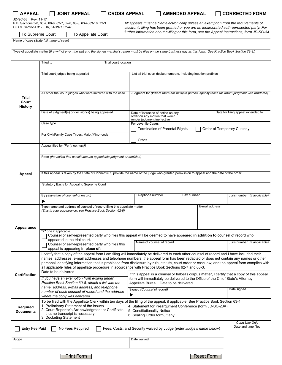 Form JD-SC-33 Appeal Form - Connecticut, Page 1
