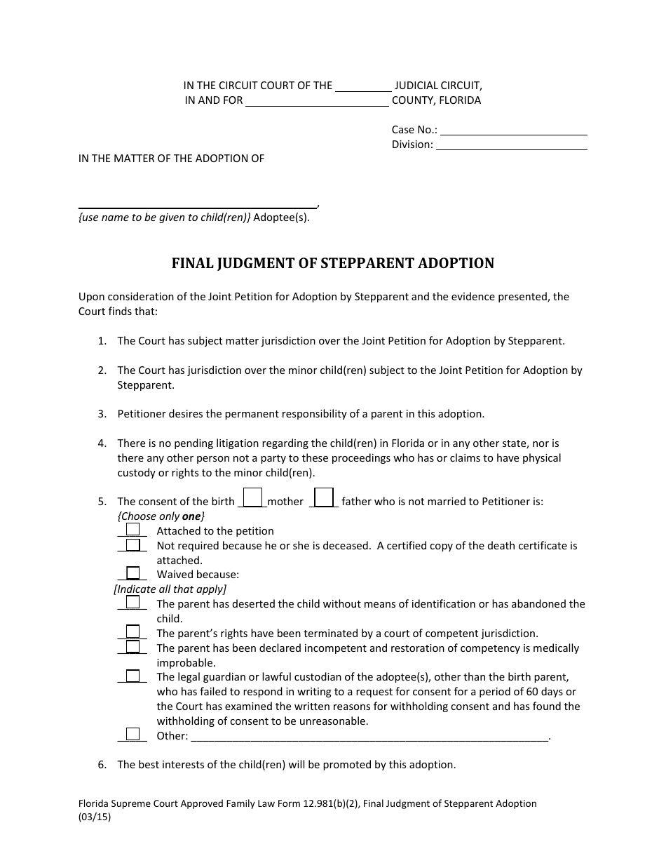 Form 12.981(B)(2) Final Judgment of Stepparent Adoption - Florida, Page 1