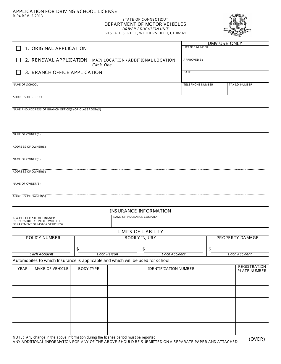 Form R-94 Application for Driving School License - Connecticut, Page 1