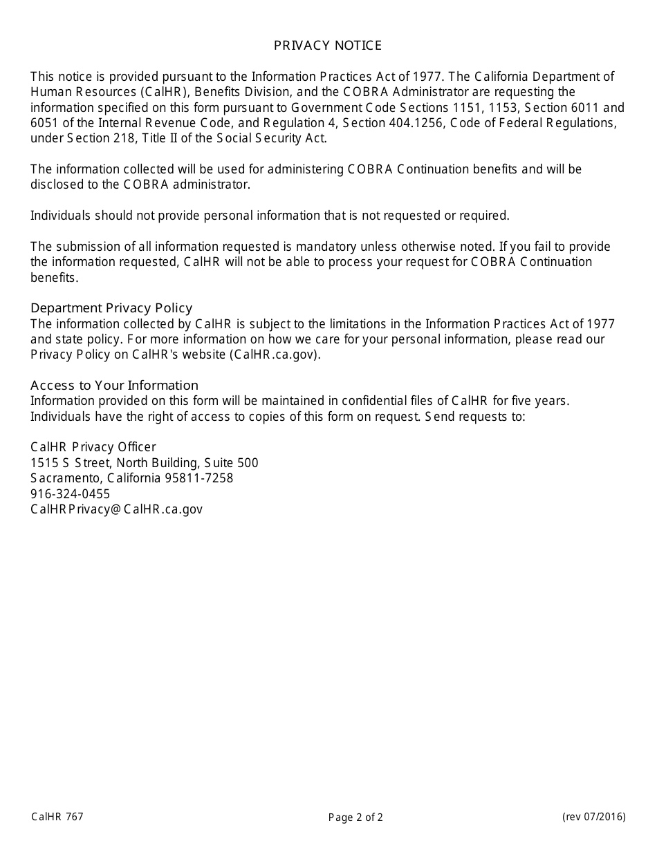 Form CALHR767 Cobra Election Form - California, Page 2