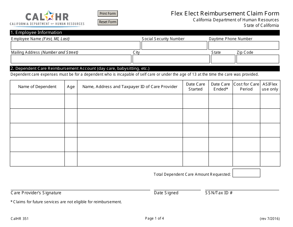 Form CALHR351 Flex Elect Reimbursement Claim Form - California, Page 1