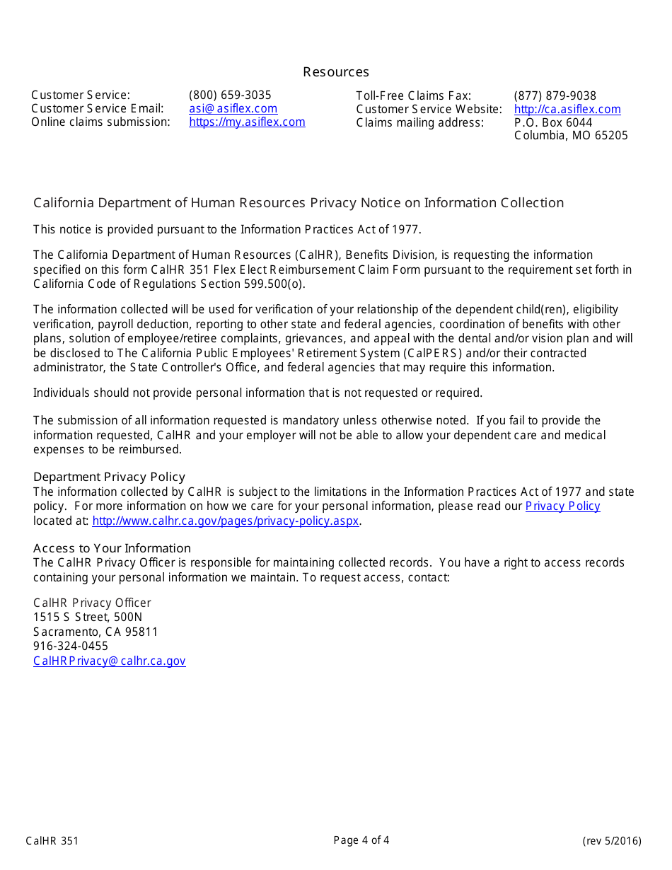 Form CALHR351 Flex Elect Reimbursement Claim Form - California, Page 4