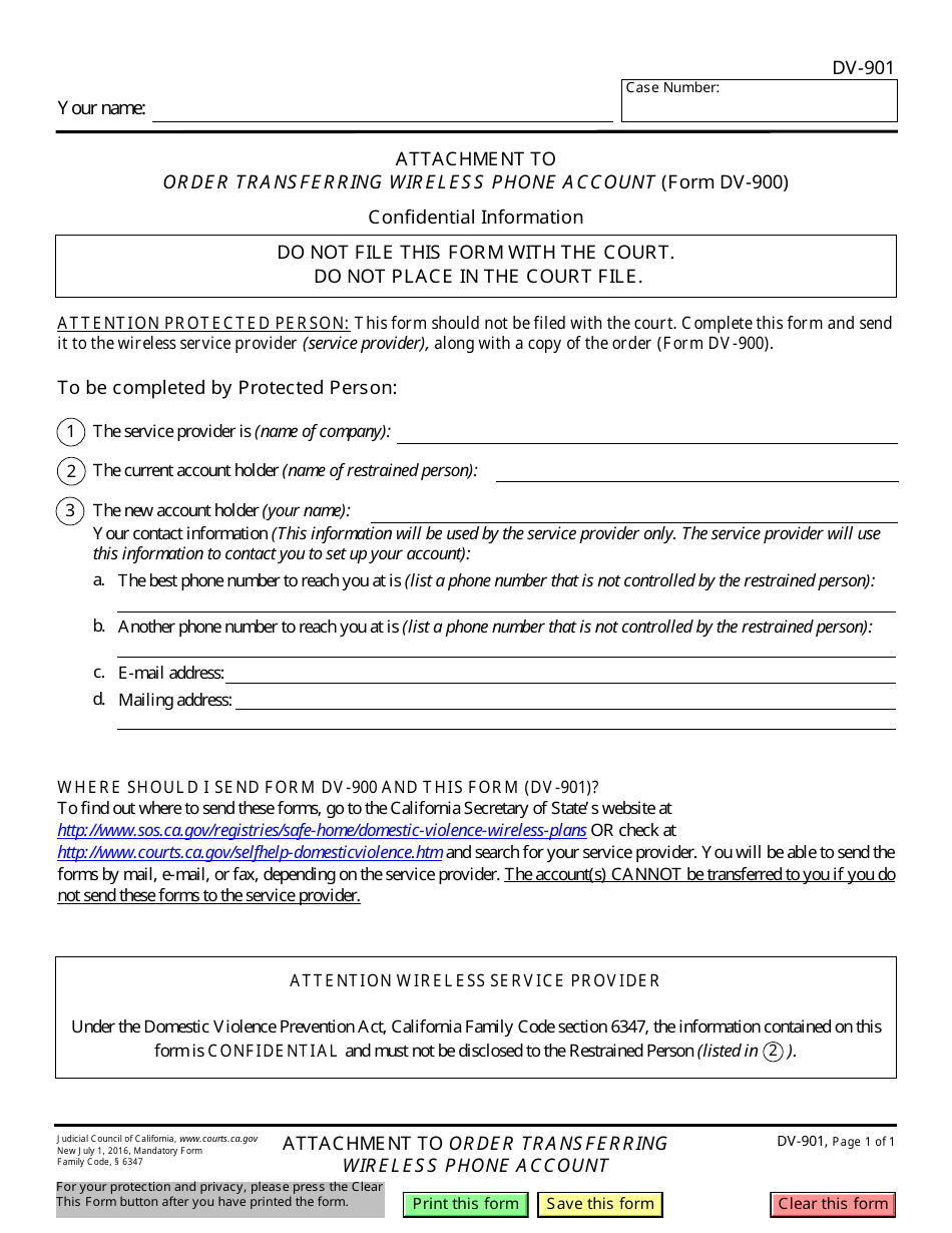 Form DV-901 Attachment to Order Transferring Wireless Phone Account (Form Dv-900) - California, Page 1
