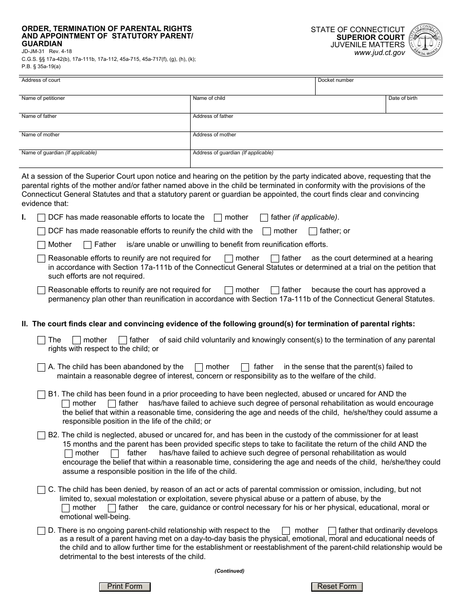 Form JD-JM-31 Order, Termination of Parental Rights and Appointment of Statutory Parent / Guardian - Connecticut, Page 1