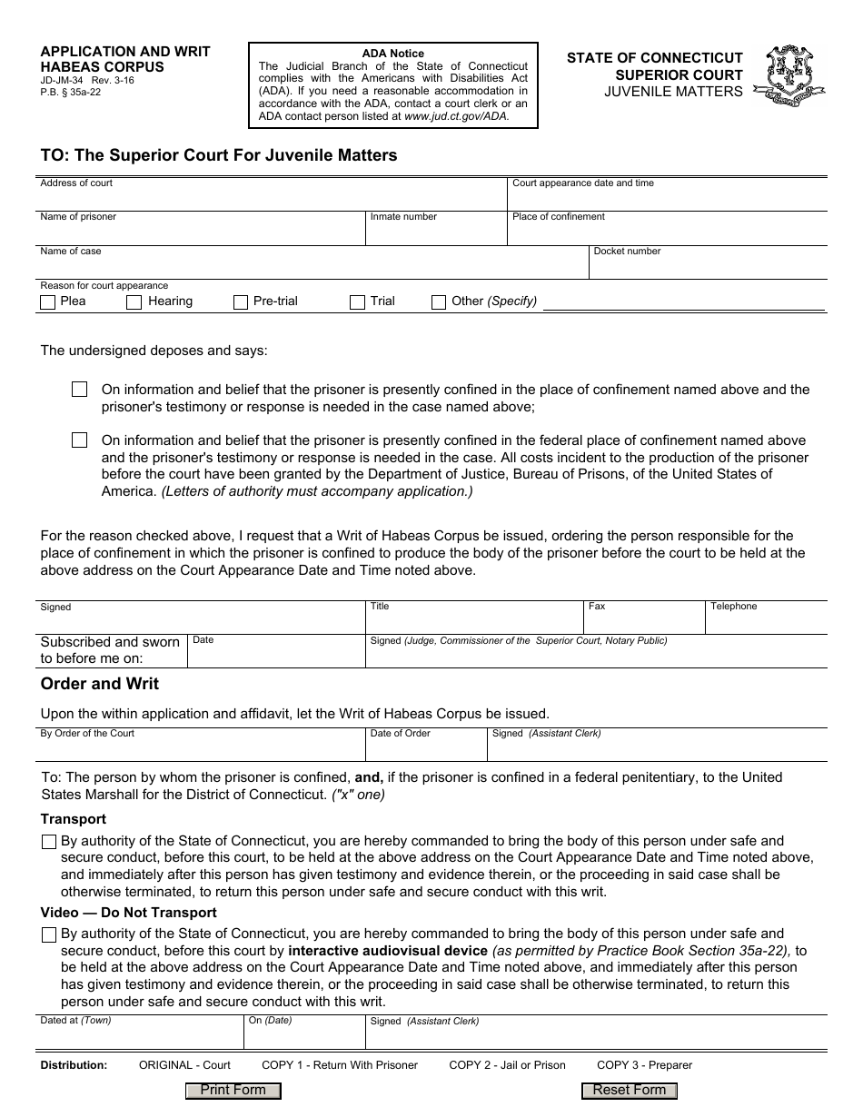 Form JD-JM-34 Application and Writ, Habeas Corpus - Connecticut, Page 1