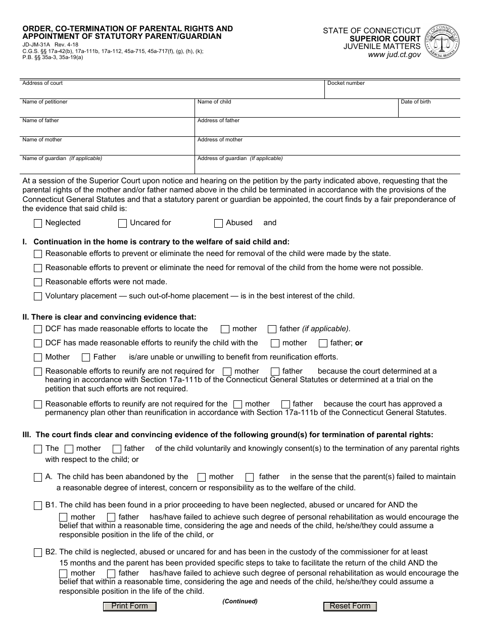 Form JD-JM-31A Order, Co-termination of Parental Rights and Appointment of Statutory Parent / Guardian - Connecticut, Page 1