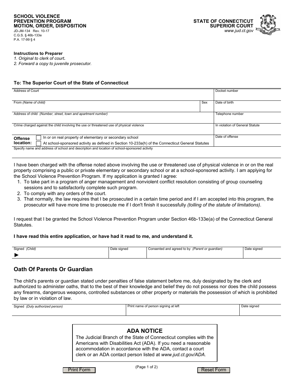 Form JD-JM-134 School Violence Prevention Program - Motion, Order, Disposition - Connecticut, Page 1
