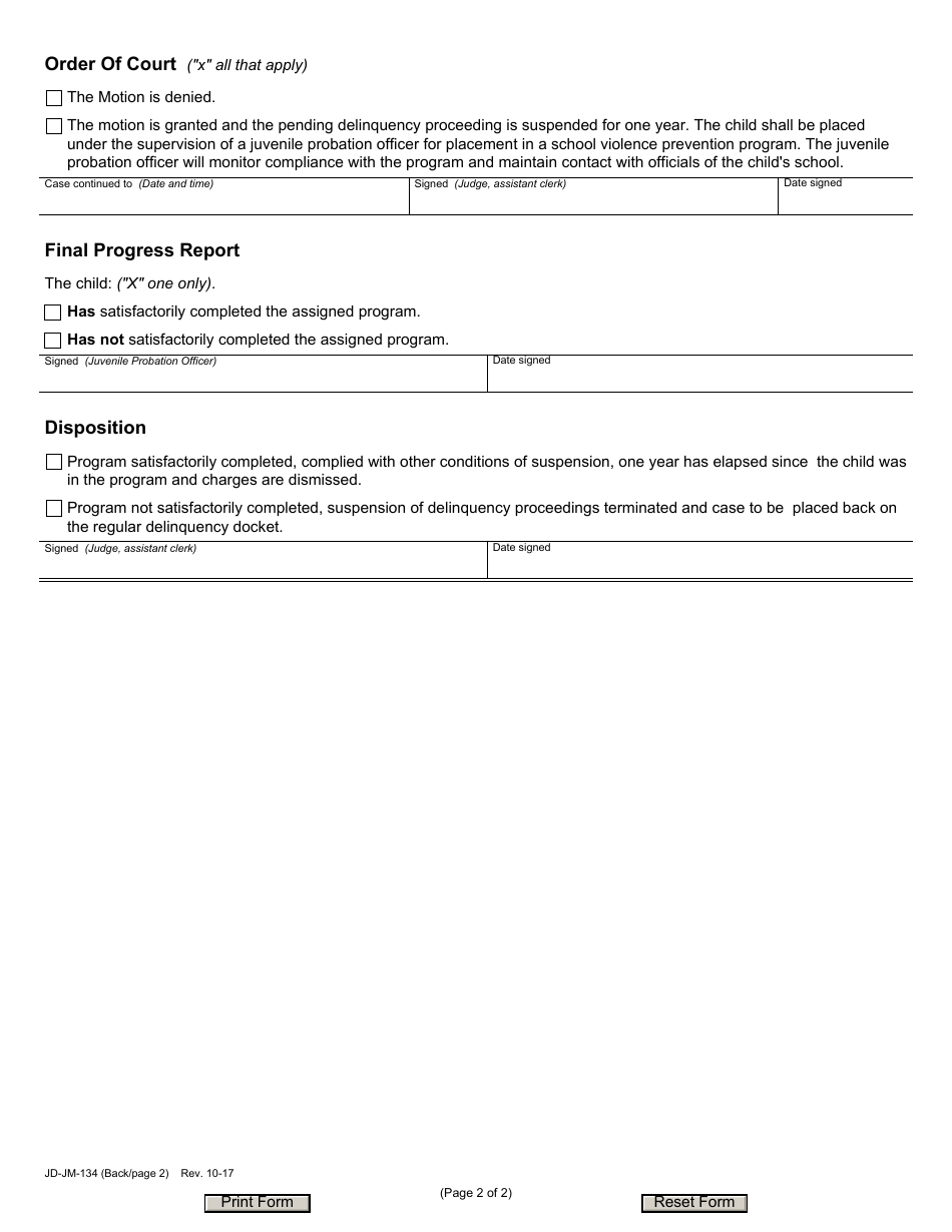 Form JD-JM-134 School Violence Prevention Program - Motion, Order, Disposition - Connecticut, Page 2
