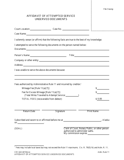 Form CIV-622 Affidavit of Attempted Service - Unserved Documents - Alaska