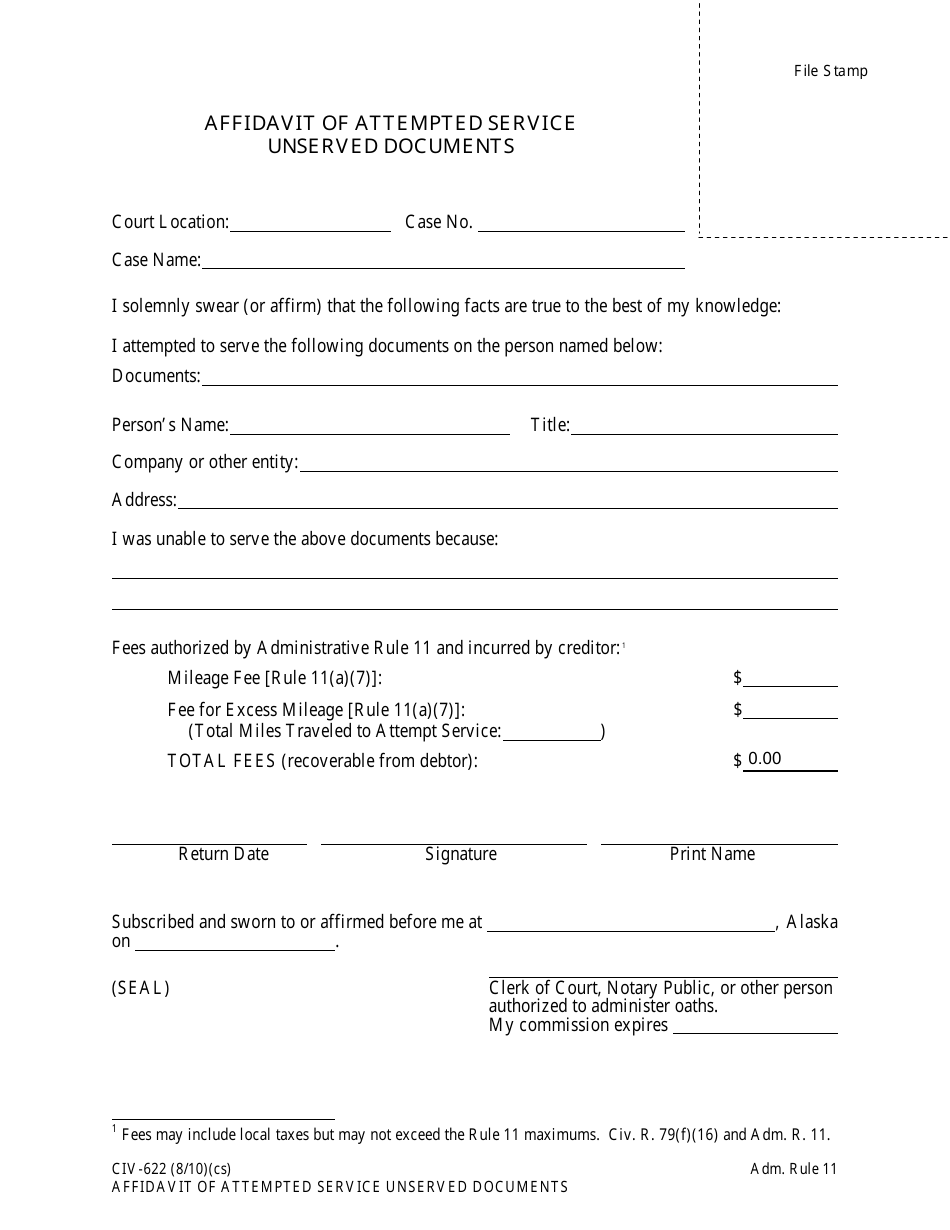 Form CIV-622 Affidavit of Attempted Service - Unserved Documents - Alaska, Page 1