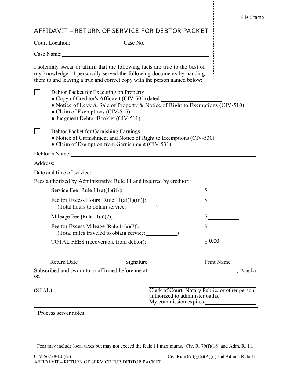 Form CIV-567 Affidavit - Return of Service for Debtor Packet - Alaska, Page 1