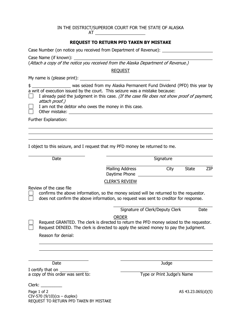Form CIV-570 Request to Return Pfd Taken by Mistake - Alaska, Page 1