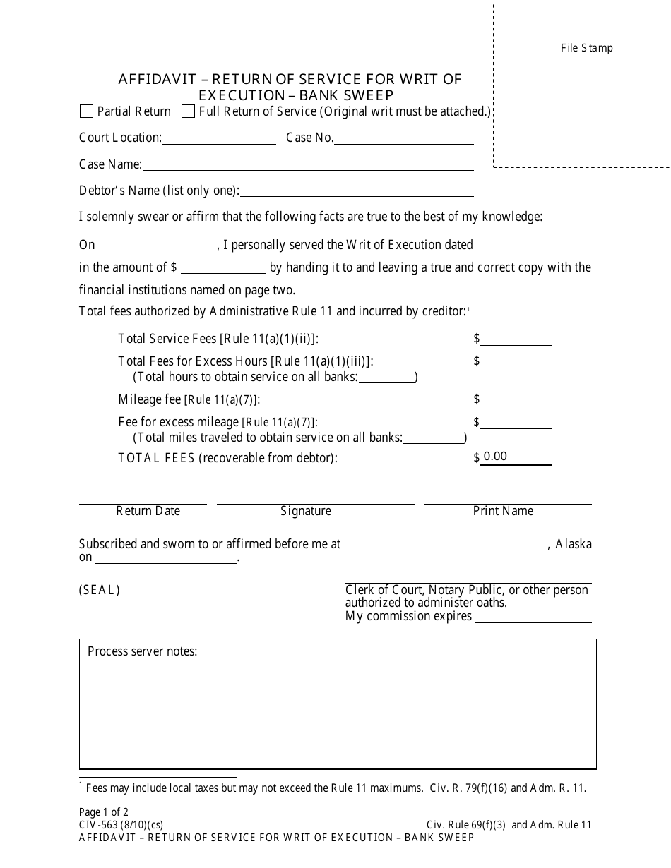 Form CIV-563 Affidavit-Return of Service for Writ of Execution - Bank Sweep - Alaska, Page 1