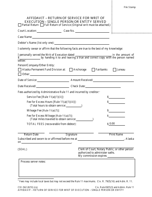 Form CIV-562 Affidavit-Return of Service for Writ of Execution - Single Person or Entity - Alaska