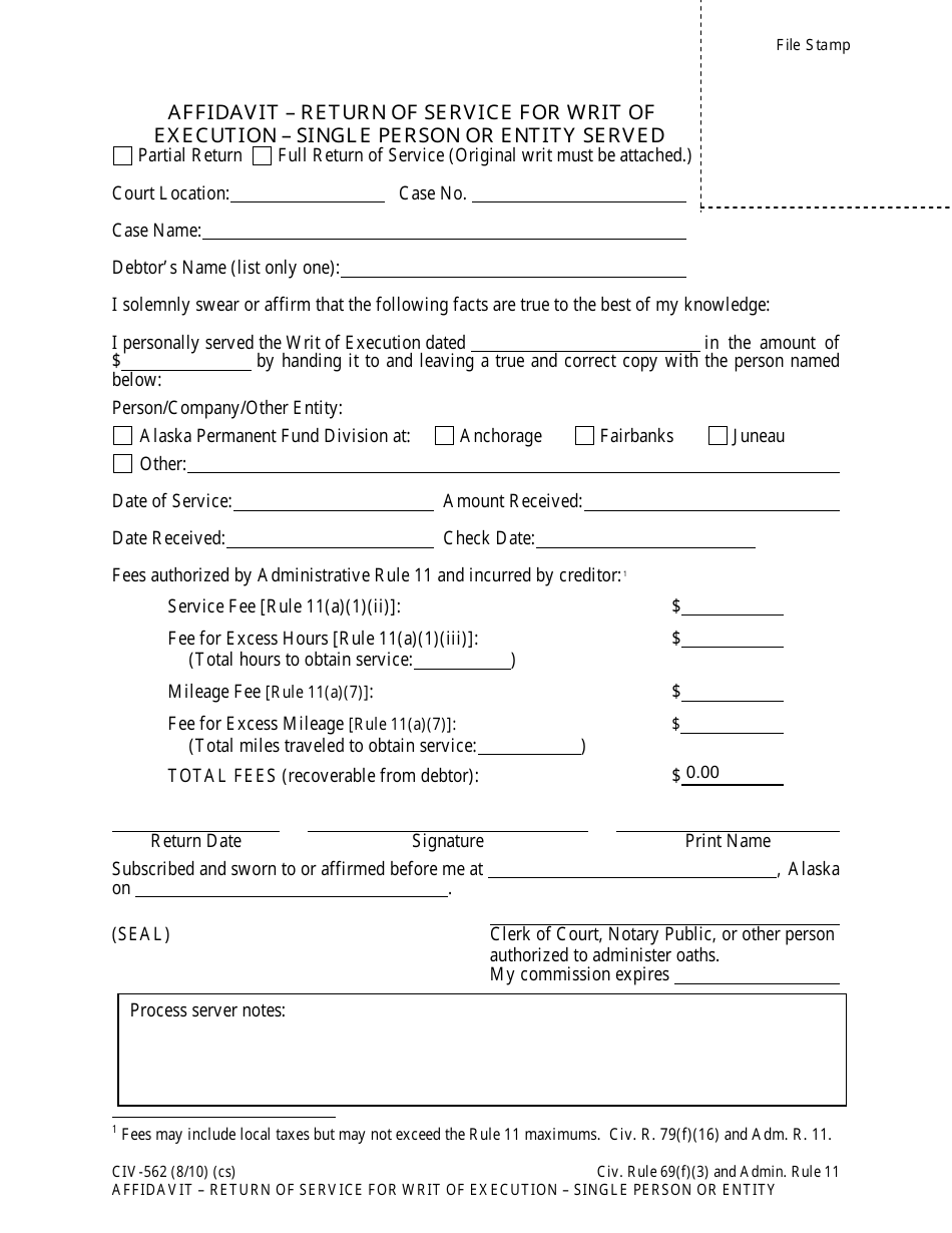 Form CIV-562 Affidavit-Return of Service for Writ of Execution - Single Person or Entity - Alaska, Page 1