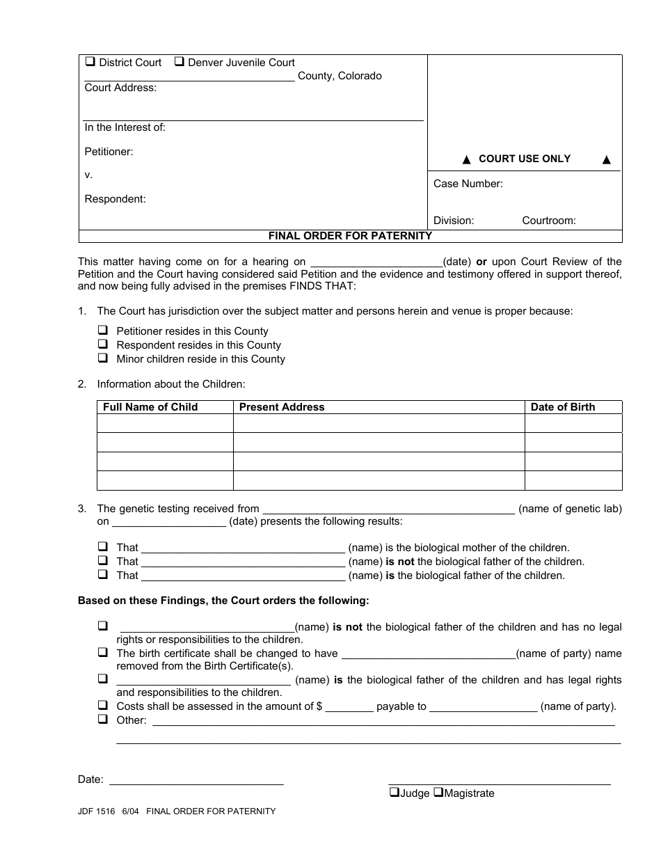 Form JDF1516 Final Order for Paternity - Colorado, Page 1