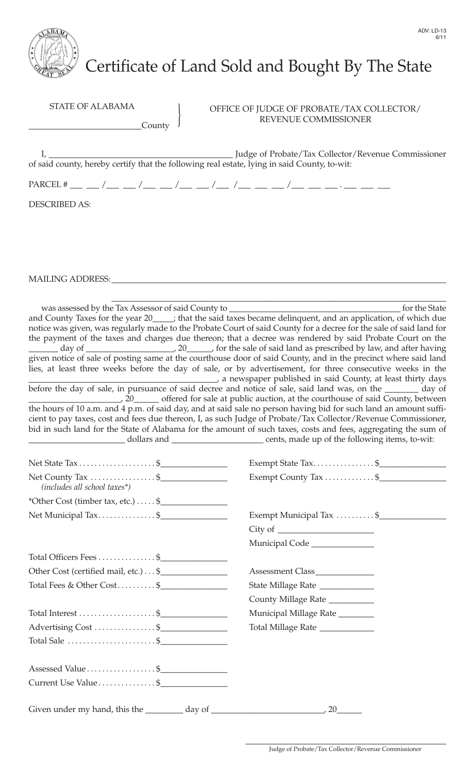 Form ADV: LD-13 Certificate of Land Sold and Bought by the State - Alabama, Page 1