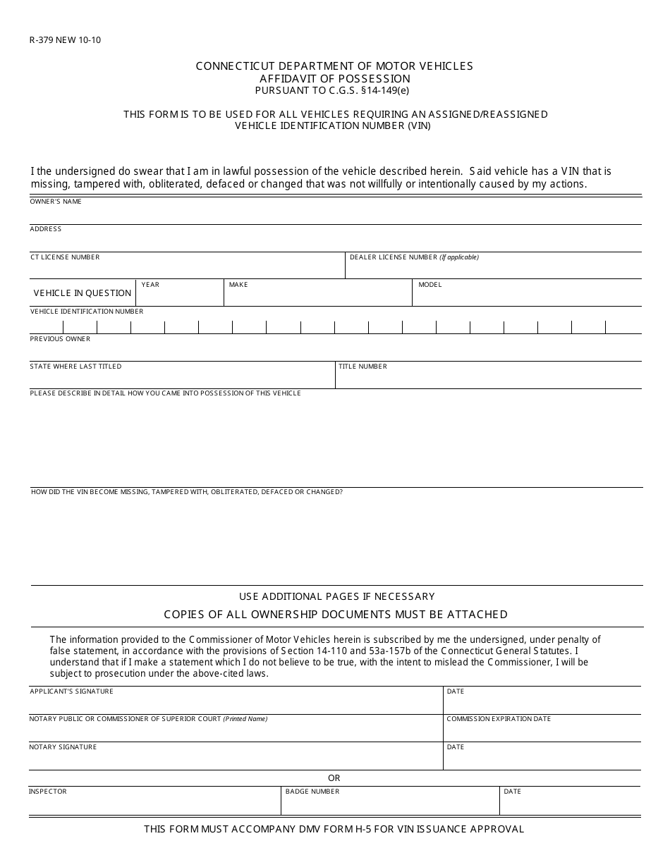 Form R-379 Affidavit of Possession - Connecticut, Page 1