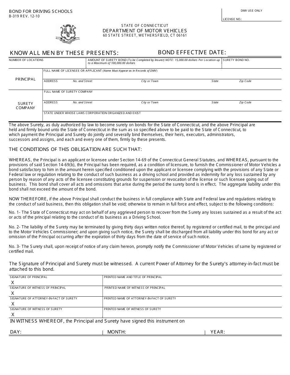 Form B-319 Bond for Driver Training School - Connecticut, Page 1
