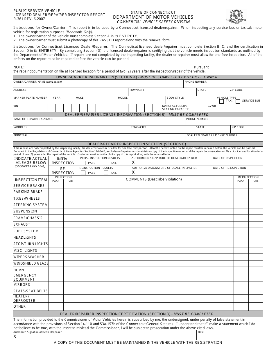 Form R-361 Licensed Dealer / Repairer Inspectors Report for a Public Service Vehicle - Connecticut, Page 1