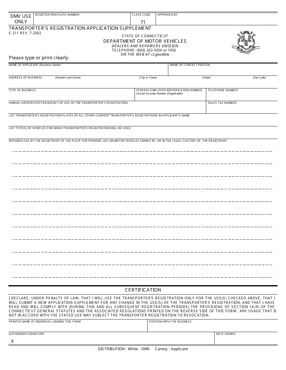 Form E-211 Transporters Registration Application - Connecticut, Page 1