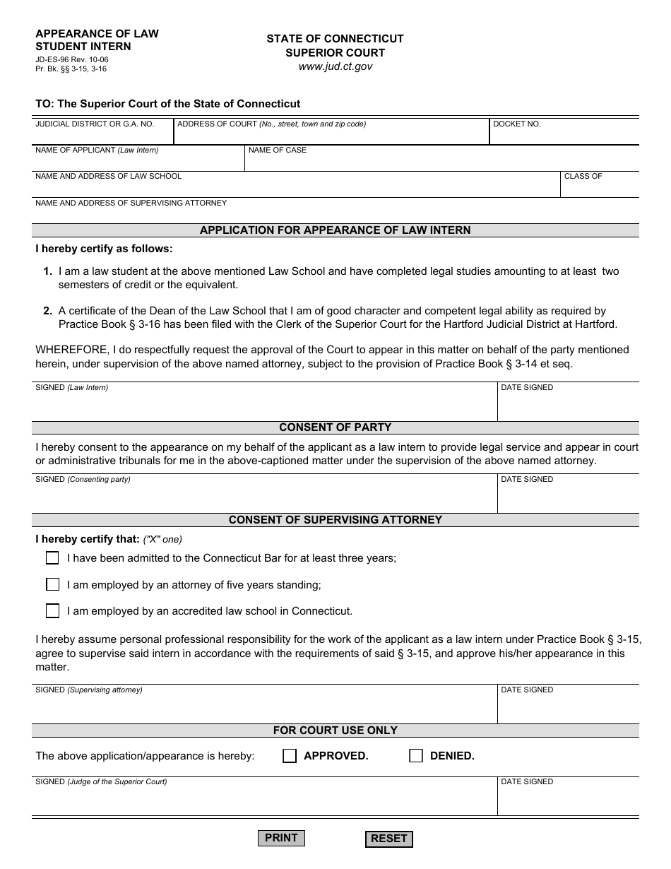Form JD-ES-96 Appearance of Law Student Intern - Connecticut, Page 1