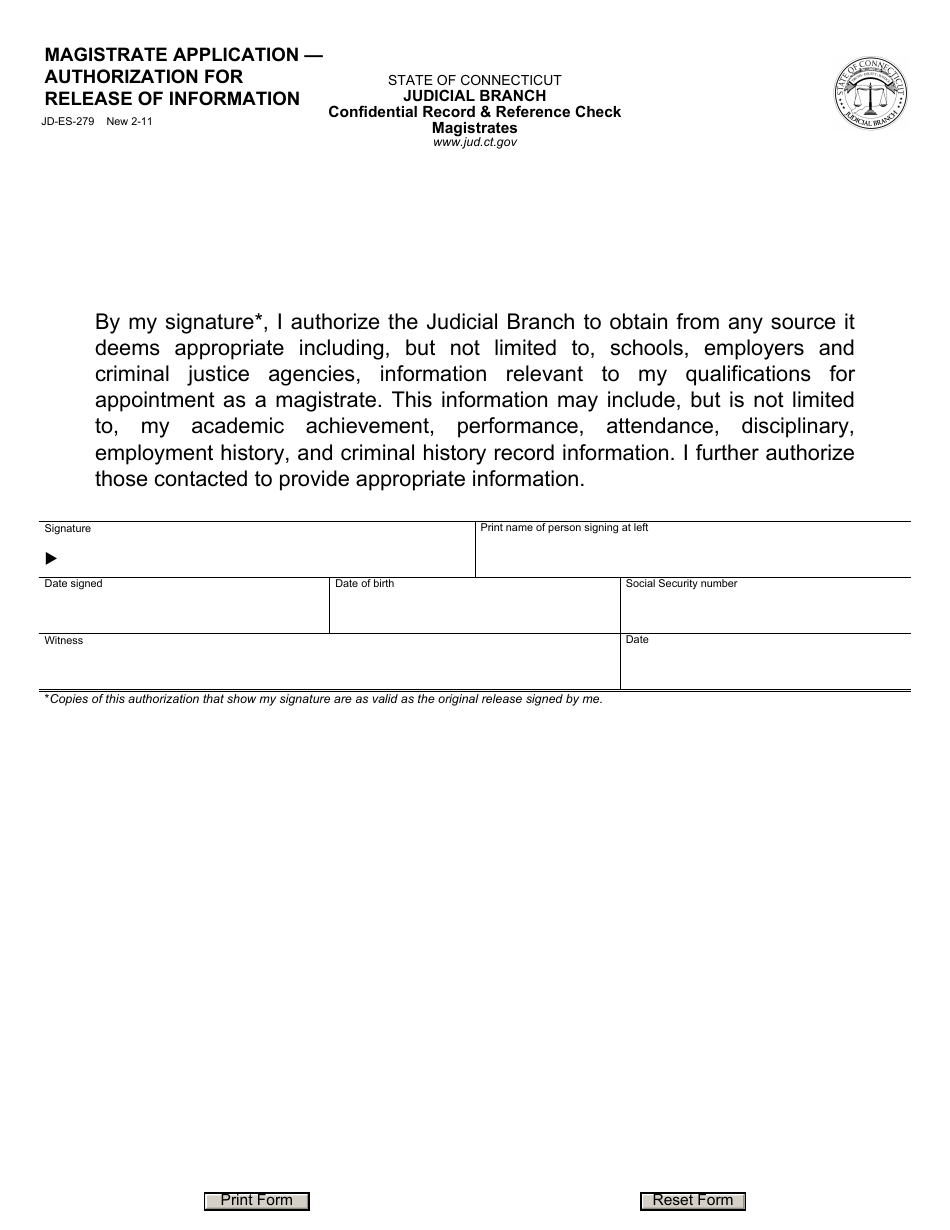 Form JD-ES-279 Magistrate Application - Authorization for Release of Information - Connecticut, Page 1