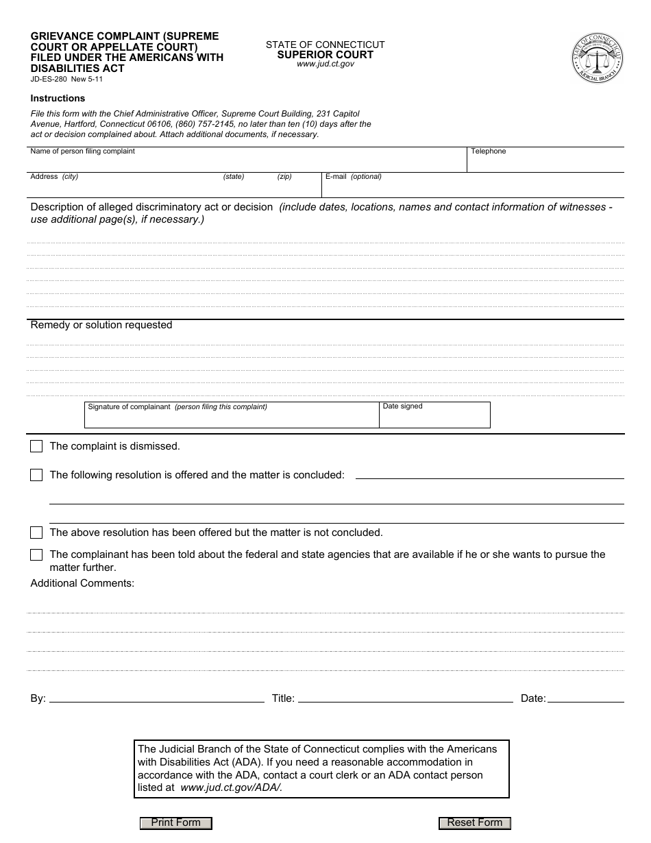 Form JD-ES-280 Grievance Complaint (Supreme Court or Appellate Court) Filed Under the Americans With Disabilities Act - Connecticut, Page 1