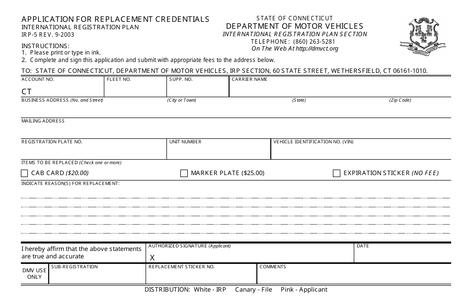 Form IRP-5 Application for Replacement Credentials - Connecticut, Page 1