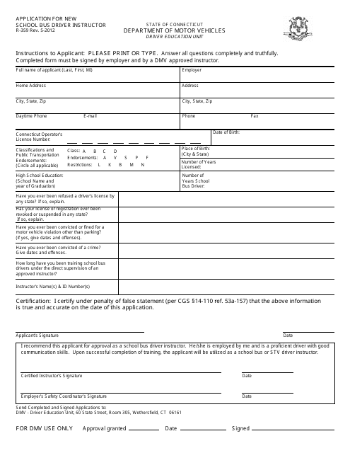 Form R-359 Application for New School Bus Driver Instructor - Connecticut