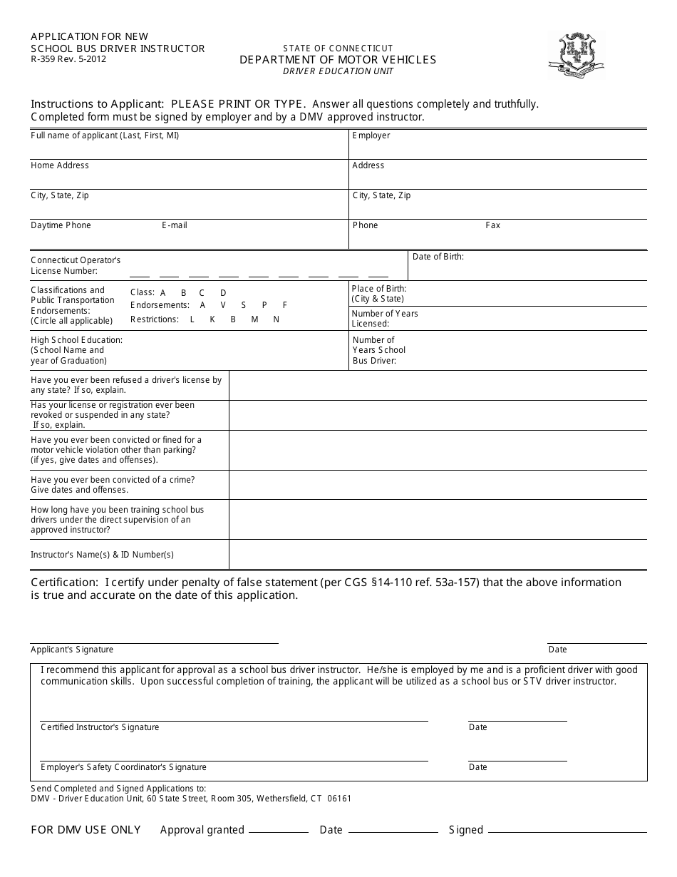 Form R-359 Application for New School Bus Driver Instructor - Connecticut, Page 1