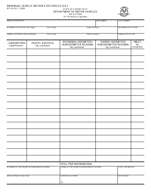 Form IRP-26 Individual Mileage Record for Commercial Vehicles - Connecticut
