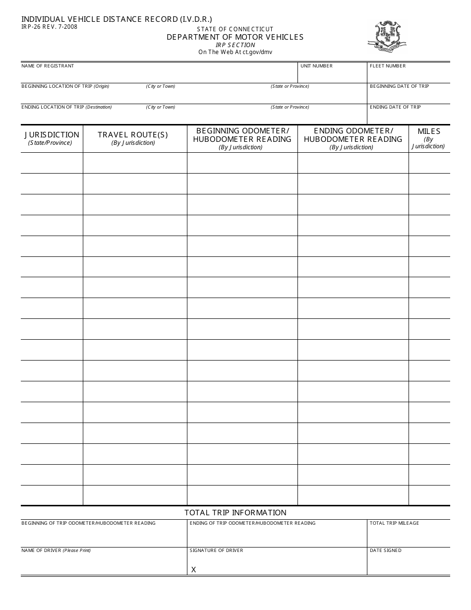 Form IRP-26 Individual Mileage Record for Commercial Vehicles - Connecticut, Page 1