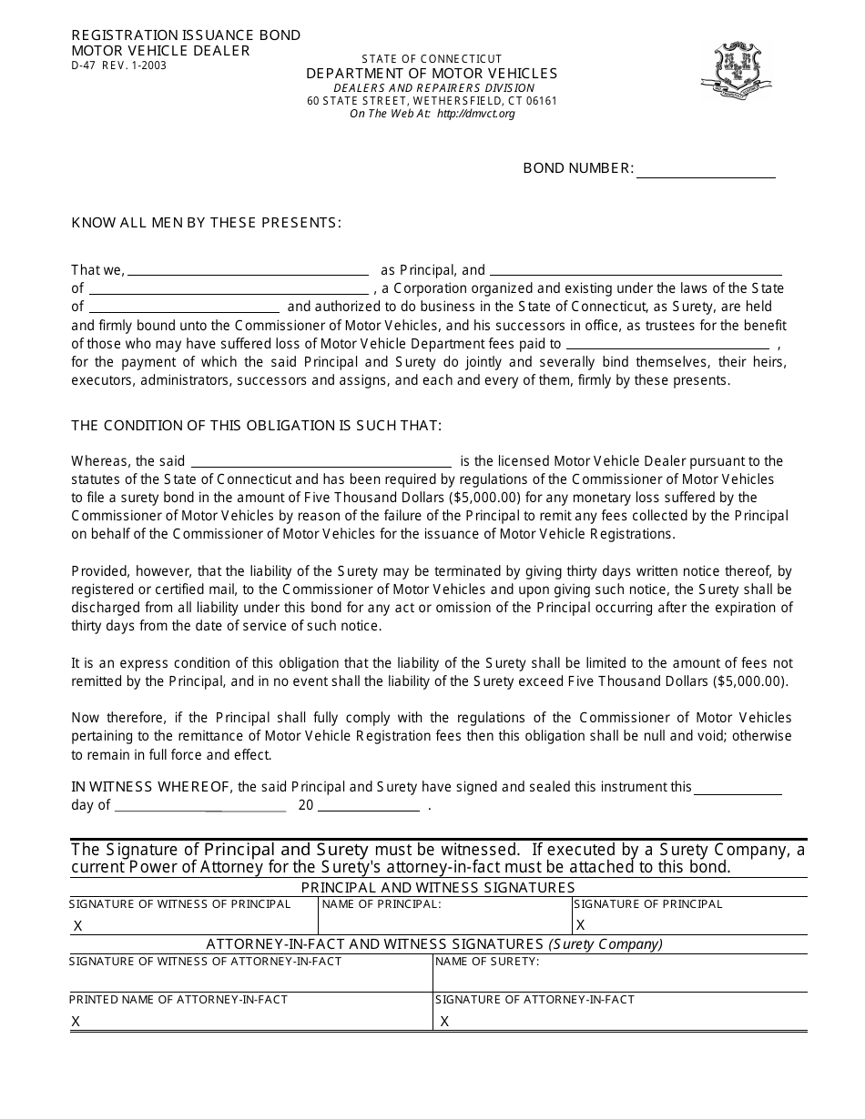 Form D-47 Registration Issuance Bond - Connecticut, Page 1