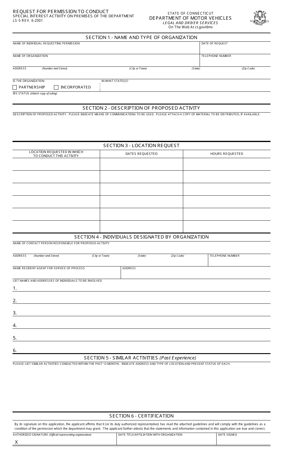 Form LS-5 Request for Permission to Conduct Special Activities on DMV Premises - Connecticut, Page 1