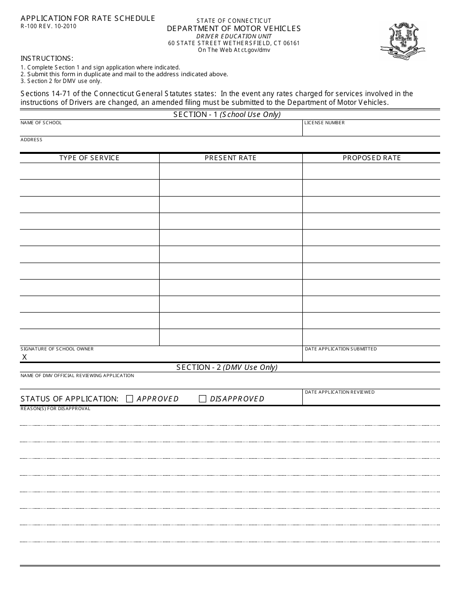Form R-100 Application for Rate Schedule - Connecticut, Page 1