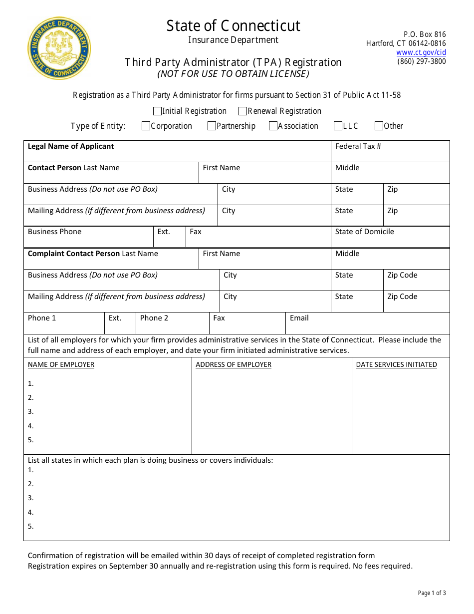 Third Party Administrator (Tpa) Registration - Connecticut, Page 1
