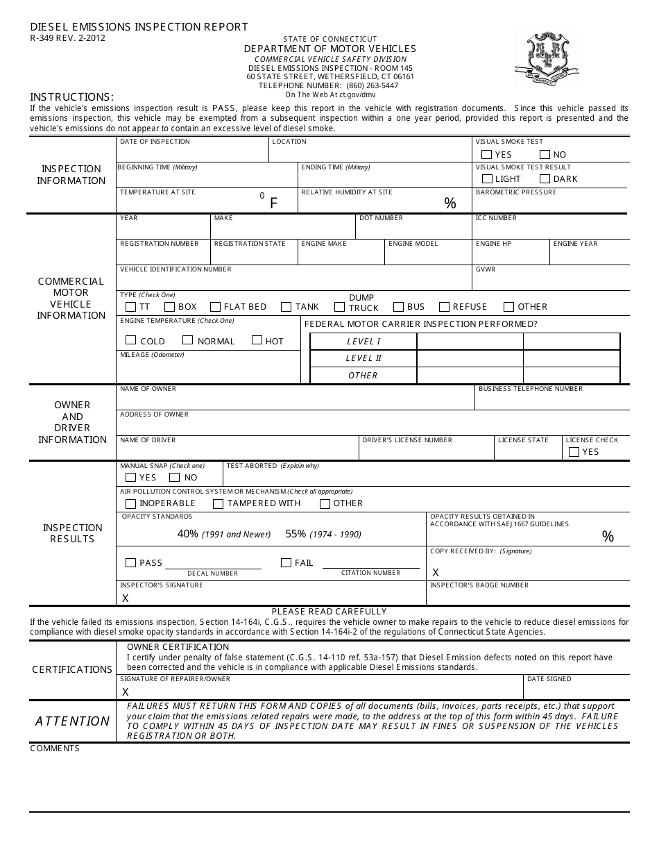 Form R-349 Diesel Emissions Inspection Report - Connecticut, Page 1