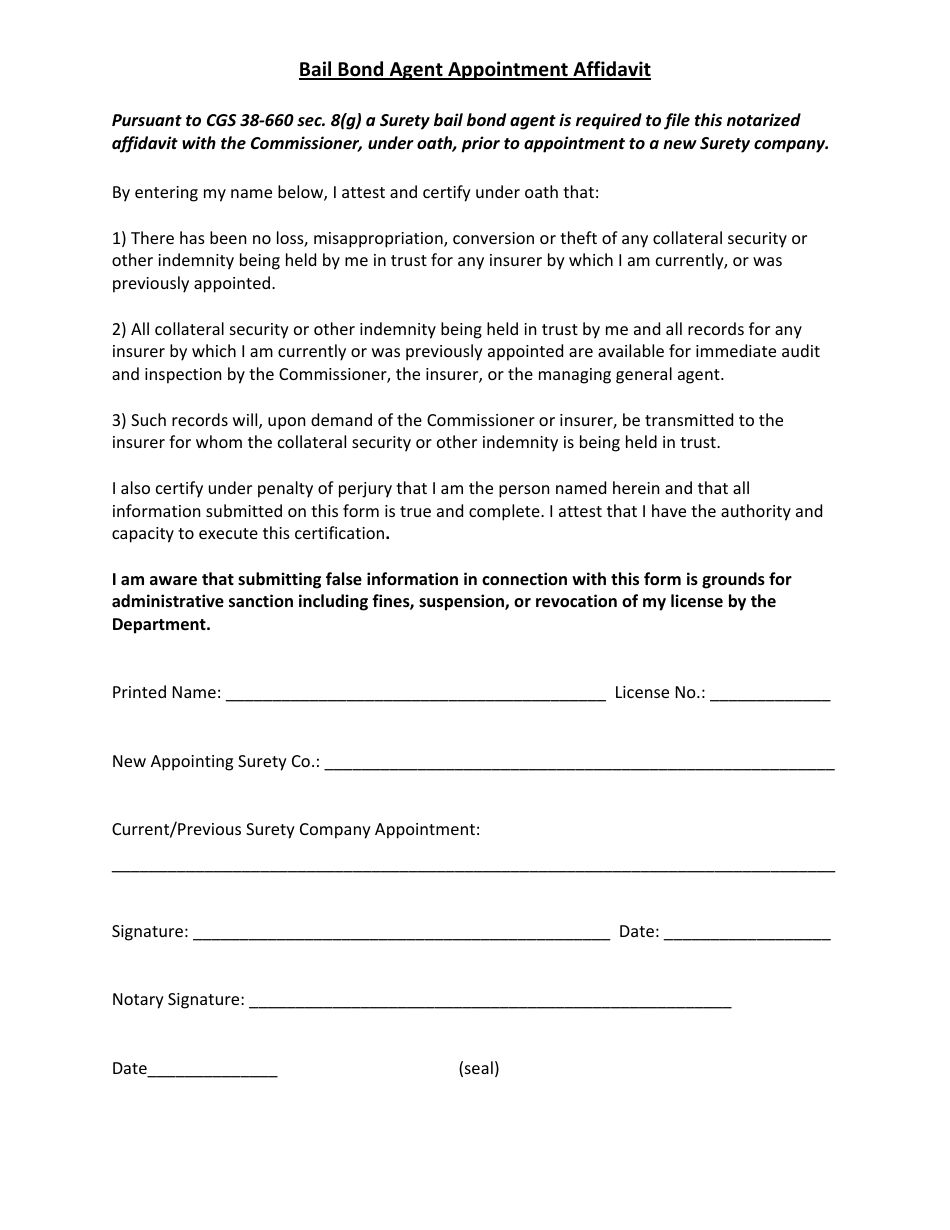 Connecticut Bail Bond Agent Appointment Affidavit - Fill Out, Sign ...