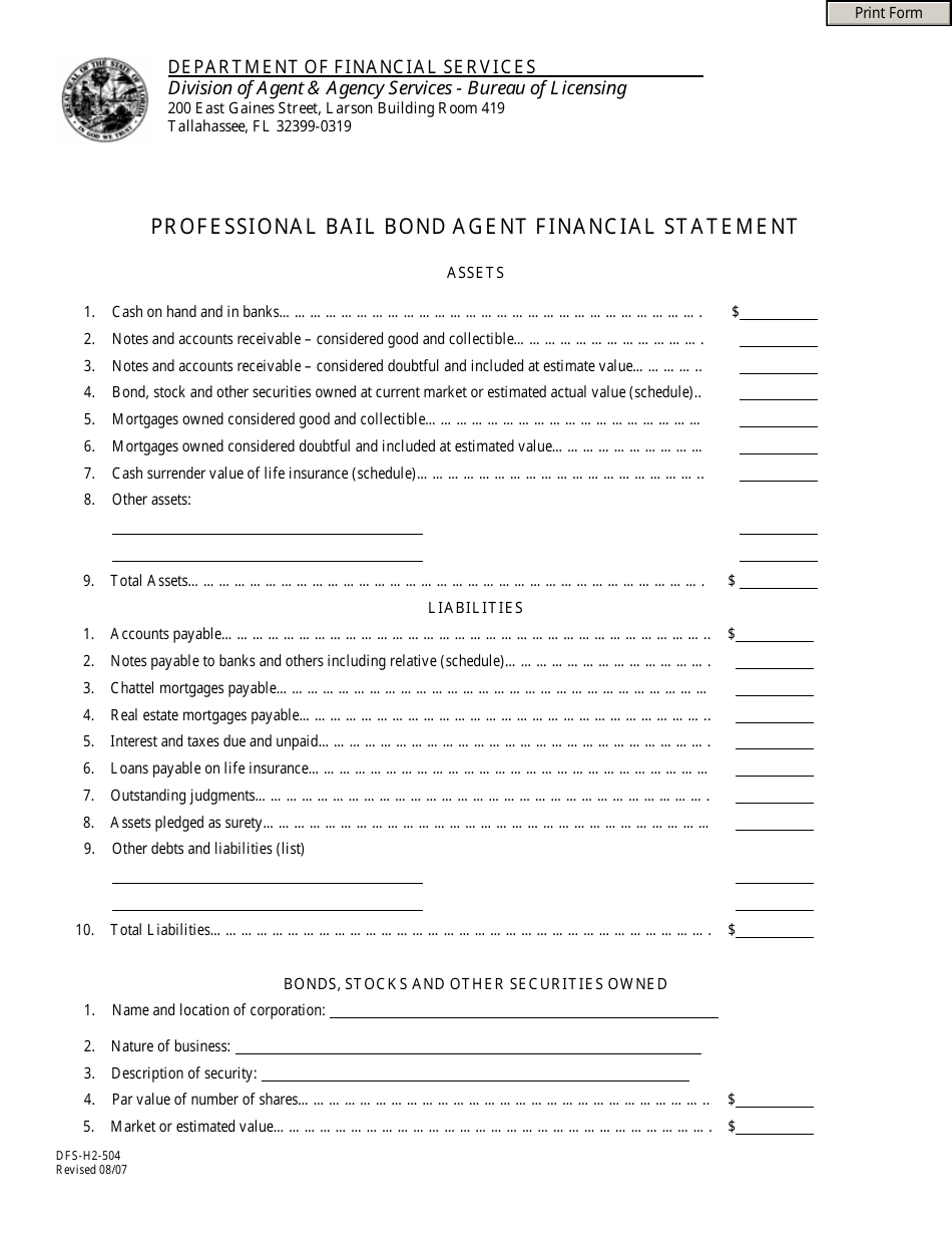 Form DFS-H2-504 Professional Bail Bond Agent Financial Statement - Florida, Page 1