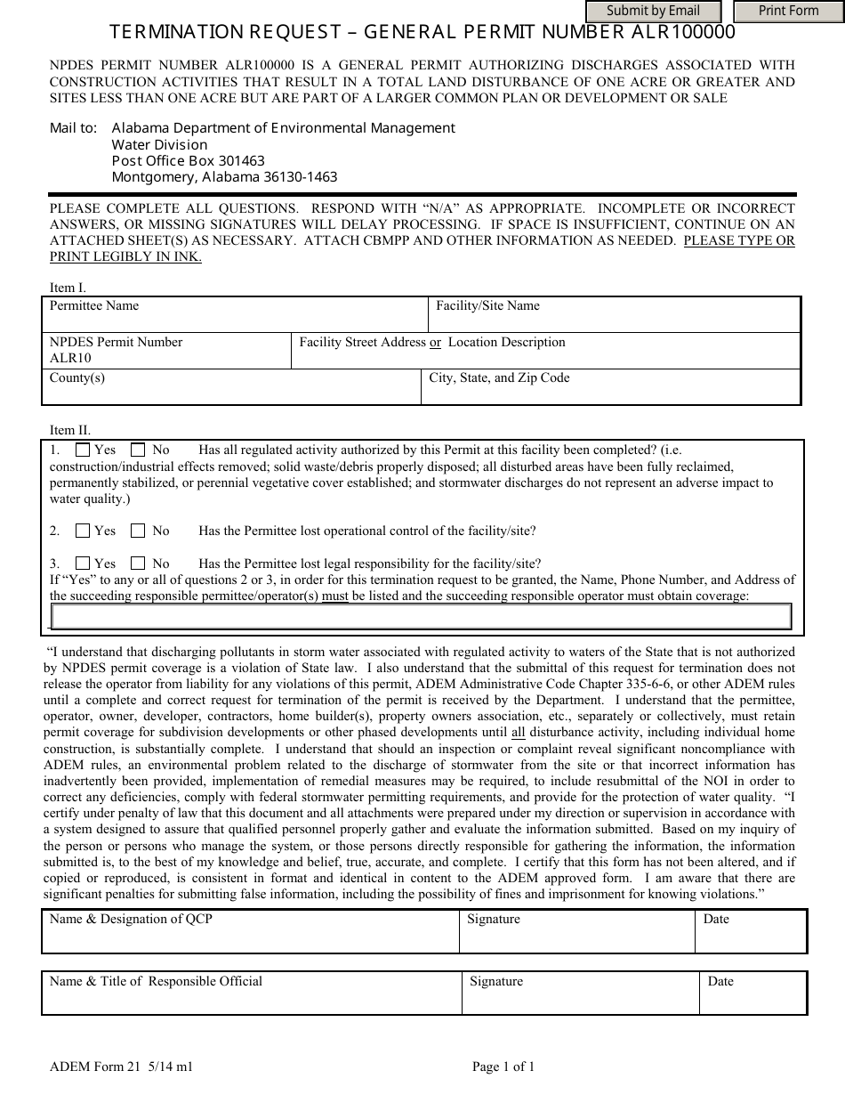 ADEM Form 21 Termination Request - General Permit Number Alr100000 - Alabama, Page 1