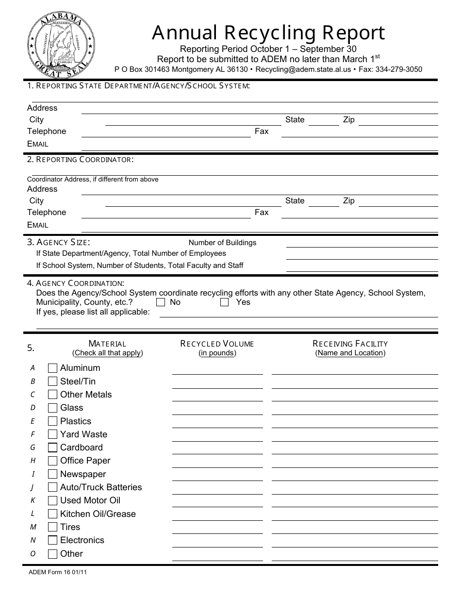 ADEM Form 16 Annual Recycling Report - Alabama, Page 1