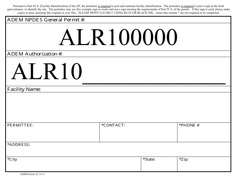 ADEM Form 22 Npdes General Permit Alr100000 - Alabama, Page 1